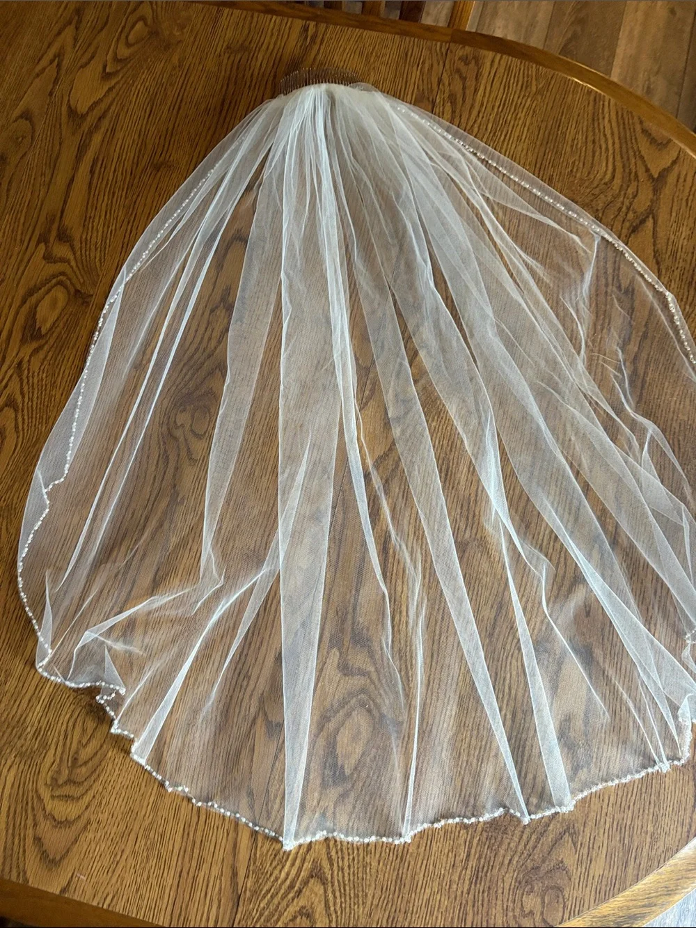 Classic Sheer Bridal Veil with Comb and Beaded edge- Ivory